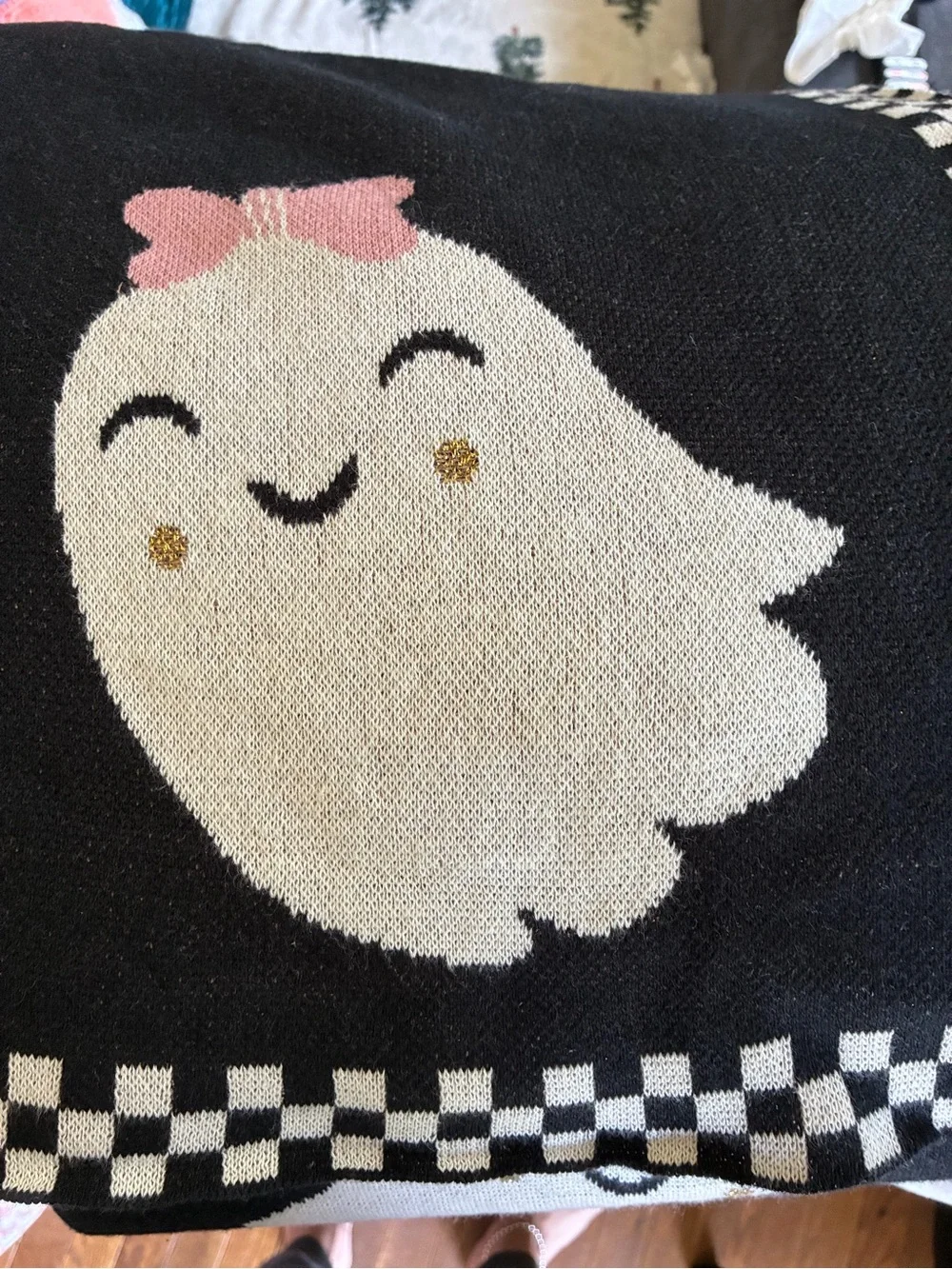 Black Ghost Knit Throw Blanket with Pink Bows - Brand: